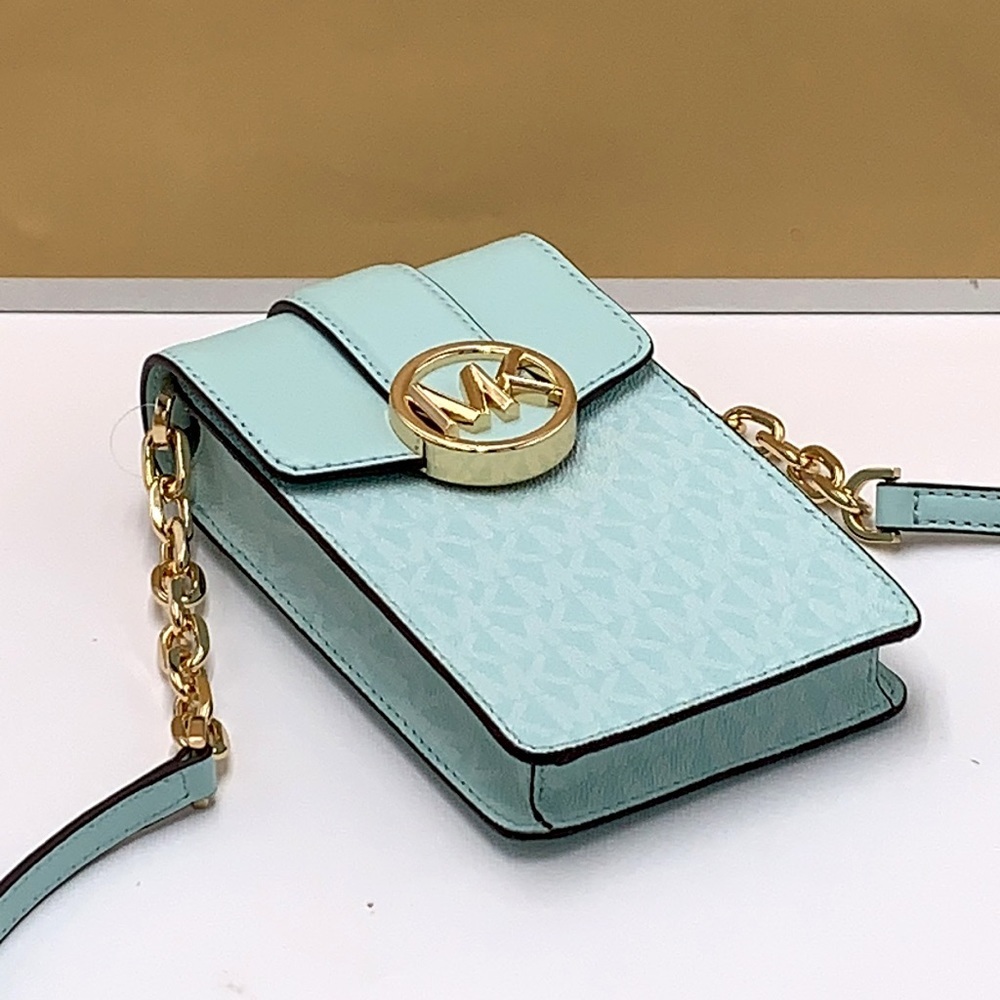 NWT MICHAEL KORS CARMEN SMALL NORTH SOUTH PHONE XBODY FAIR AQUA SIGNATUR… - Picture 4 of 16